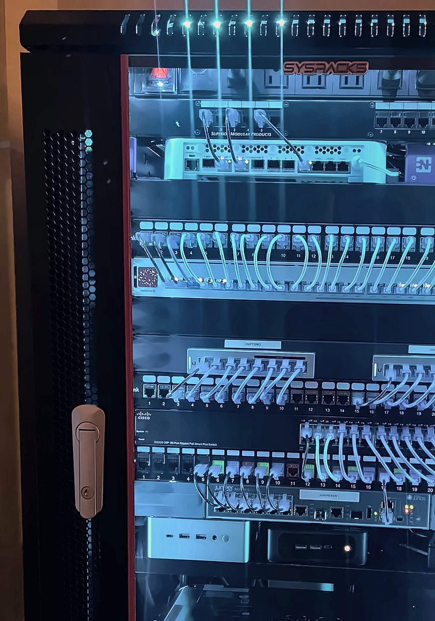 Rack in its enclosure with cabling visible through the door.