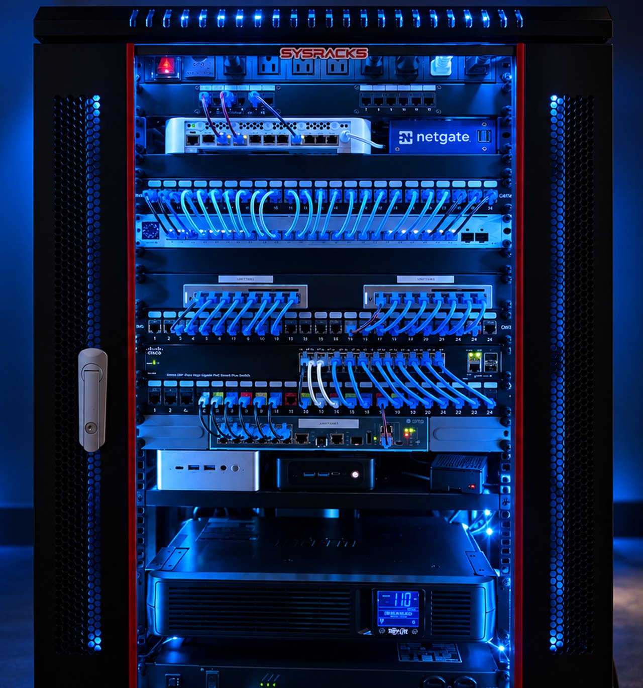NETDZIN's lab rack. The firewall is highlighted at the top, with patch panels and switches below it and short patch cables dressed to the ports.